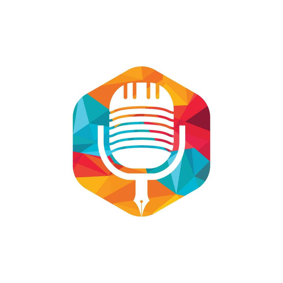 diseño de logotipo de radio de podcast de conferencia de micrófono de pluma. diseño de logotipo de vector de podcast de educación.