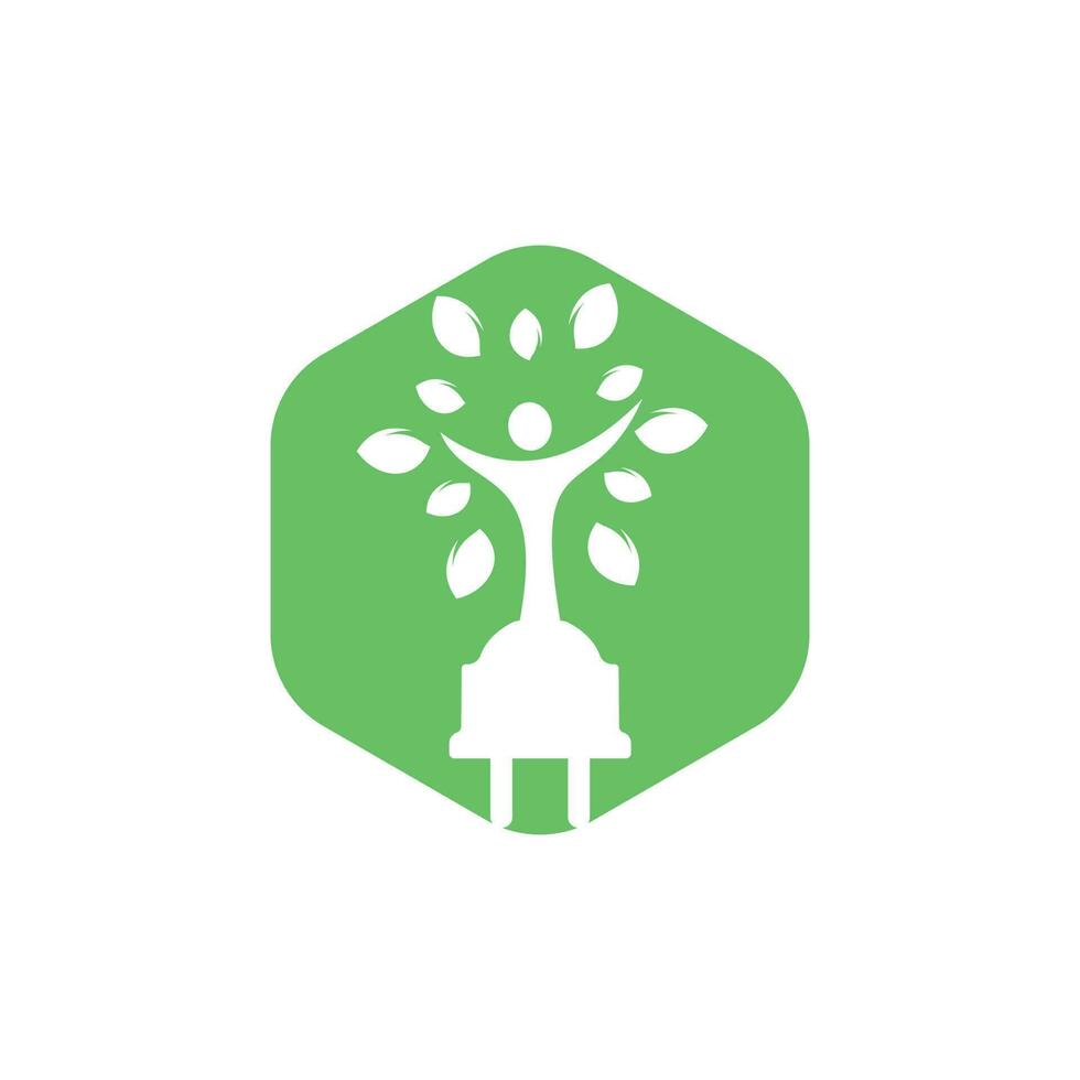 Electric cord and human tree vector logo design. Green energy electricity logo concept.