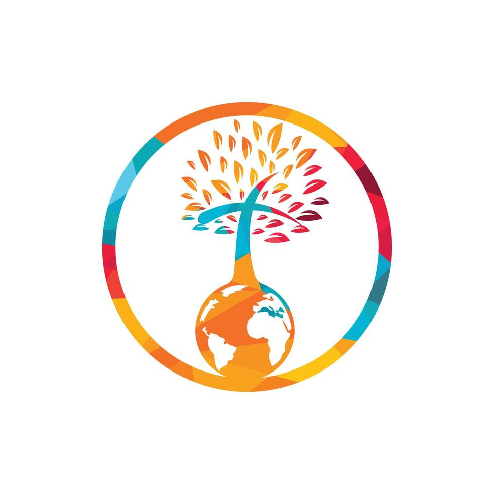 plantilla de diseño de logotipo de vector de iglesia global. globo con icono de vector de árbol cruzado.