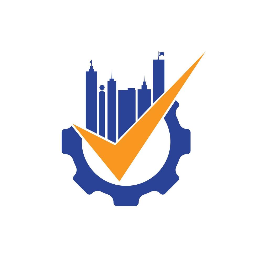 Building maintenance logo design template. Gear with skyscraper and check icon logo illustration design. vector