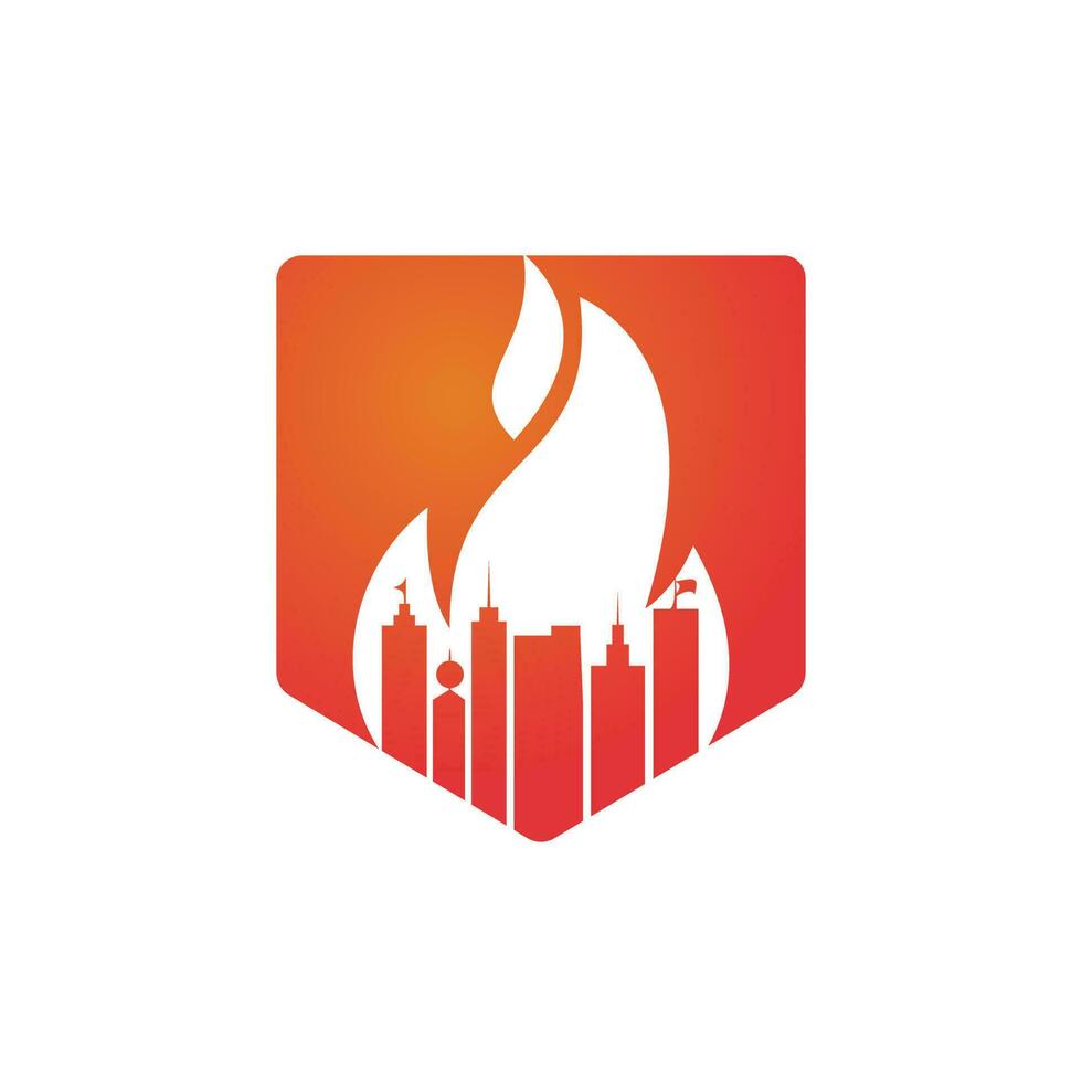 Fire city vector logo design template. Buildings and fire icon design.