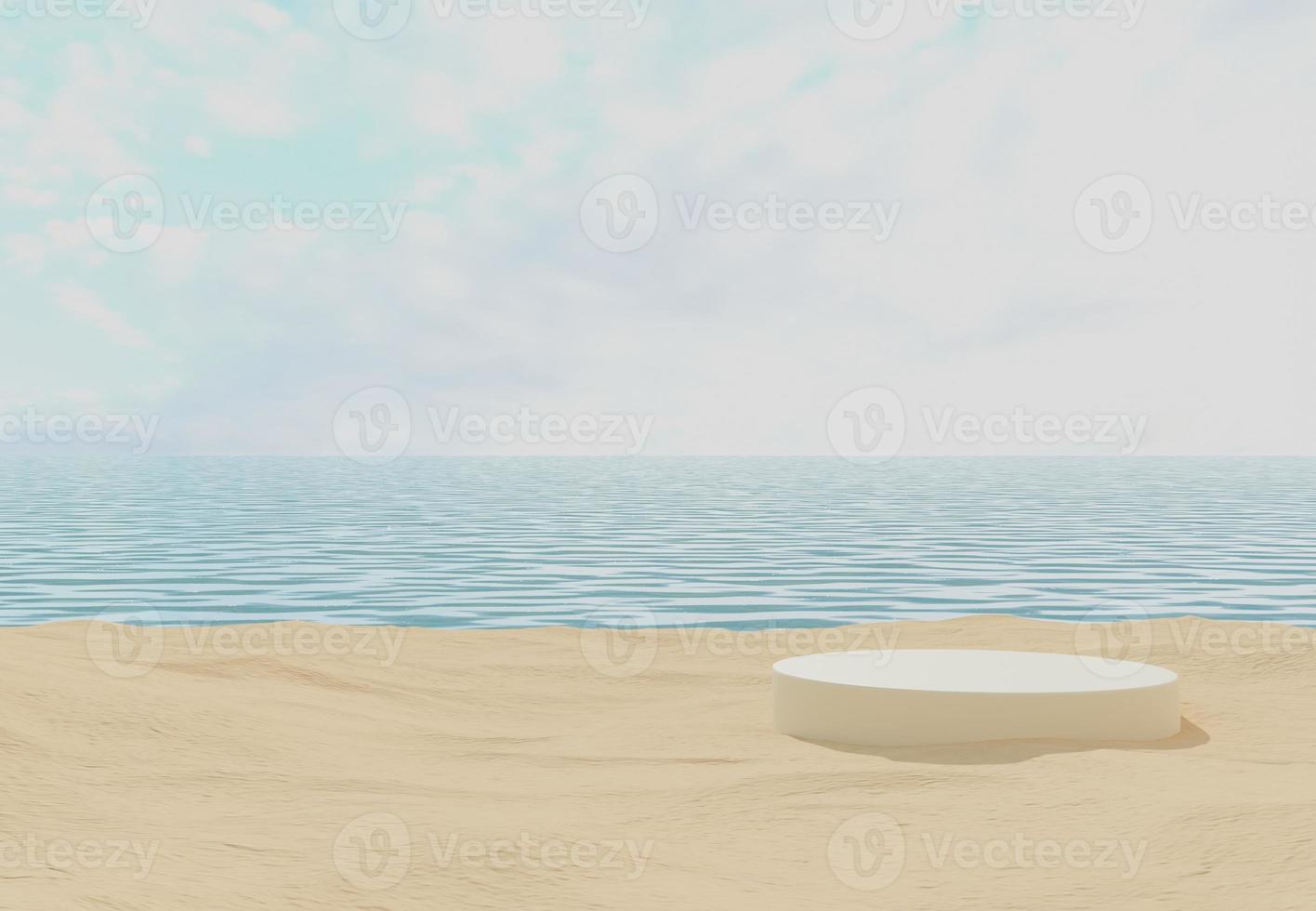 3d background product display podium scene. Circle podium product, Product stand on beach background. photo