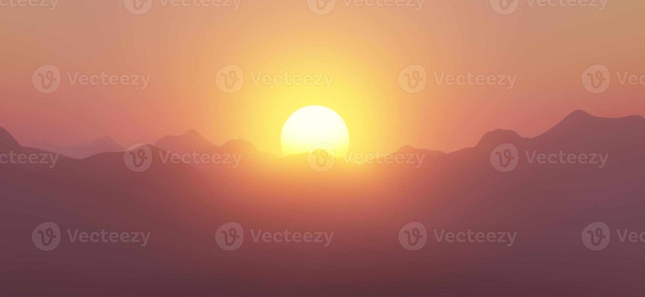 amanecer y atardecer en las montañas. ilustración de un hermoso paisaje montañoso oscuro con niebla. representación 3d foto