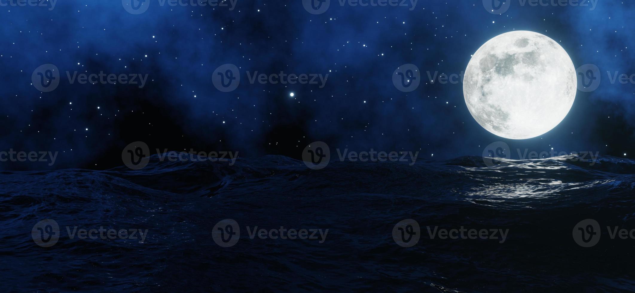 la gran luna brilla detrás del mar con estrellas y nubes en el fondo. representación 3d foto