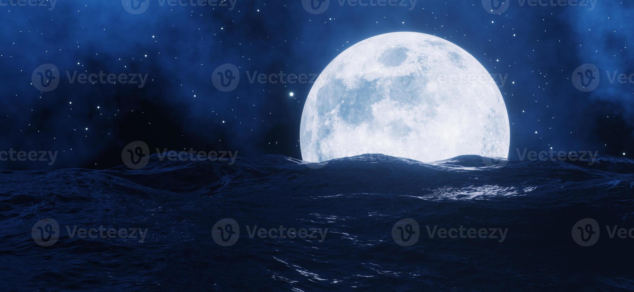 la gran luna brilla detrás del mar con estrellas y nubes en el fondo. representación 3d foto