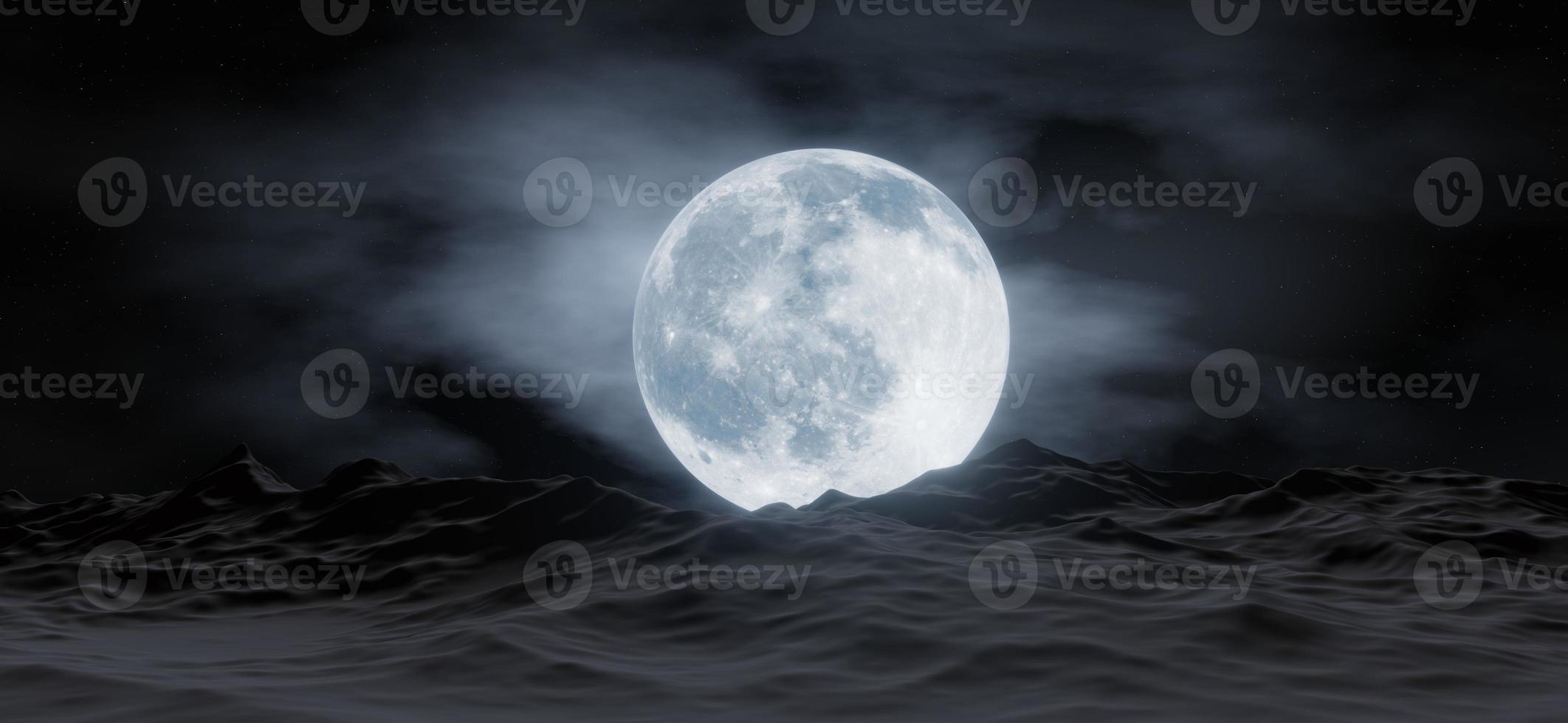 The big moon shines behind mountains with stars and clouds in the background.  3D rendering. photo