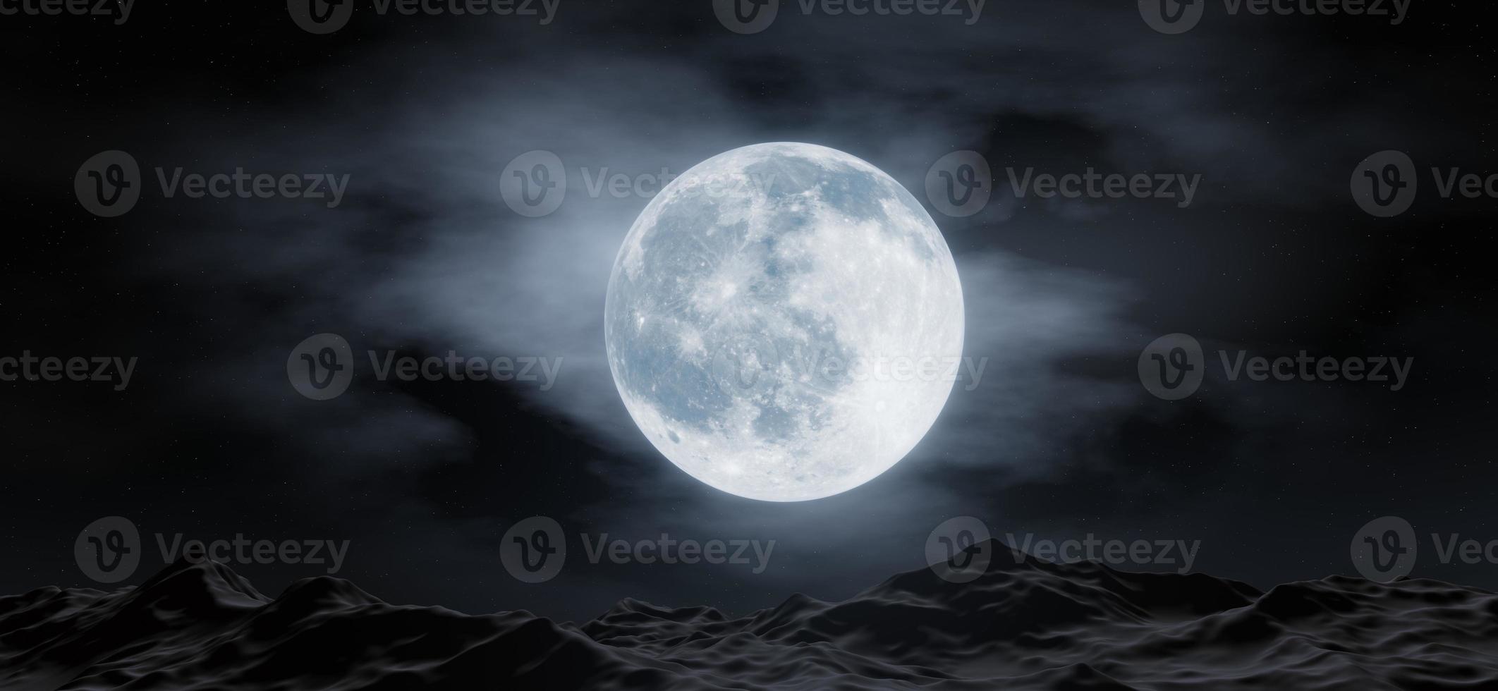 la gran luna brilla detrás de las montañas con estrellas y nubes en el fondo. representación 3d foto