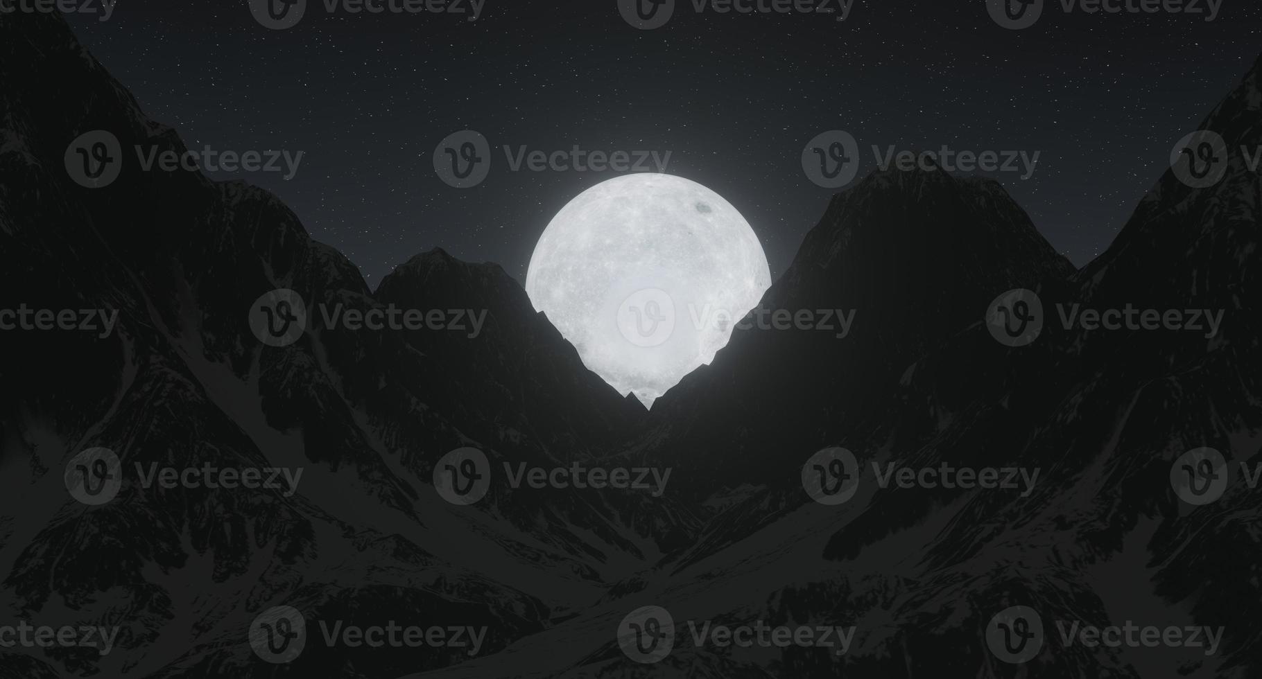 la gran luna brillaba intensamente entre las montañas cubiertas de nieve. en la parte posterior, hay estrellas centelleantes. representación 3d foto