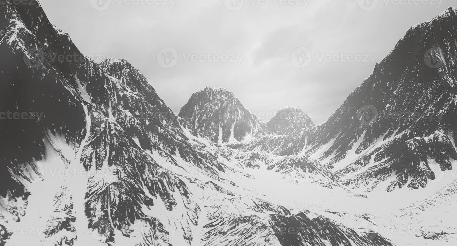 montañas nevadas en un paisaje invernal y caminos nevados. representación 3d foto