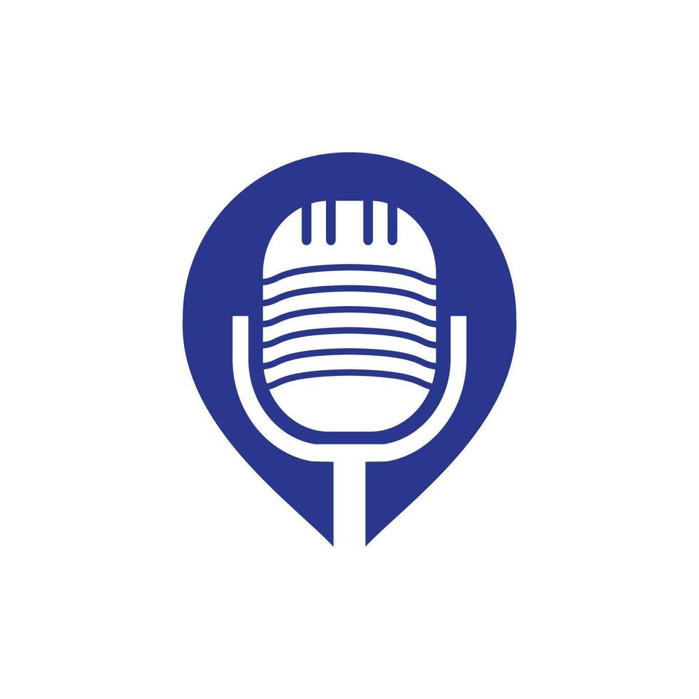Podcast and map pin logo design. Studio table microphone with broadcast icon design. vector