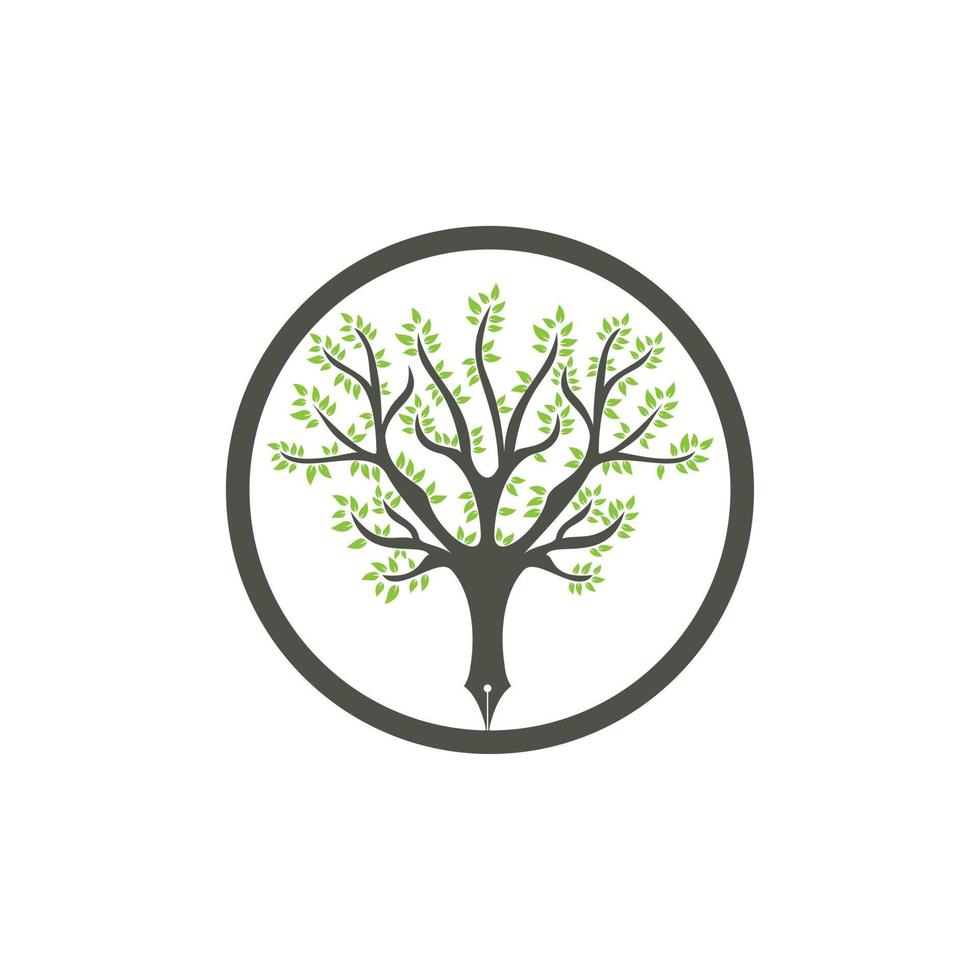 Tree pen vector logo design template. Writer and nature logo concept.