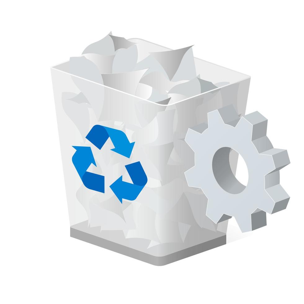 Trash bin or basket with rubbish with gear icon Settings icon or instruction vector