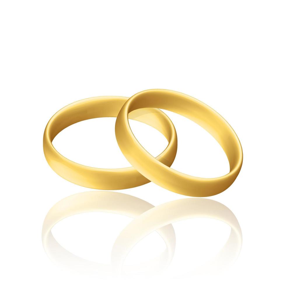 Golden realistic wedding rings with reflection Anniversary romantic surprise vector