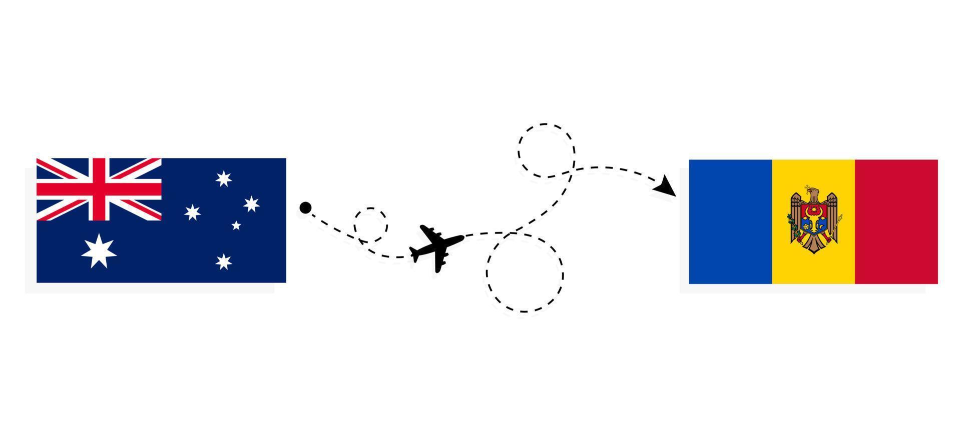 vuelo y viaje desde australia a moldavia en avión de pasajeros concepto de viaje vector