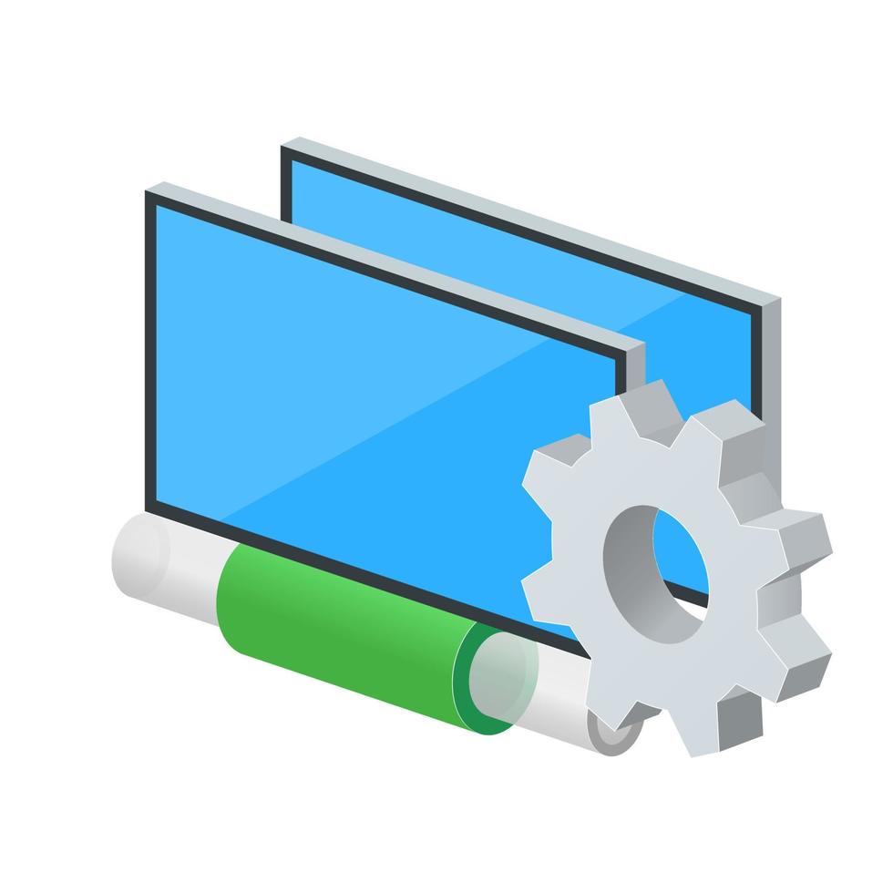 Monitor connection by cable on the network with gear icon Settings icon or instruction vector