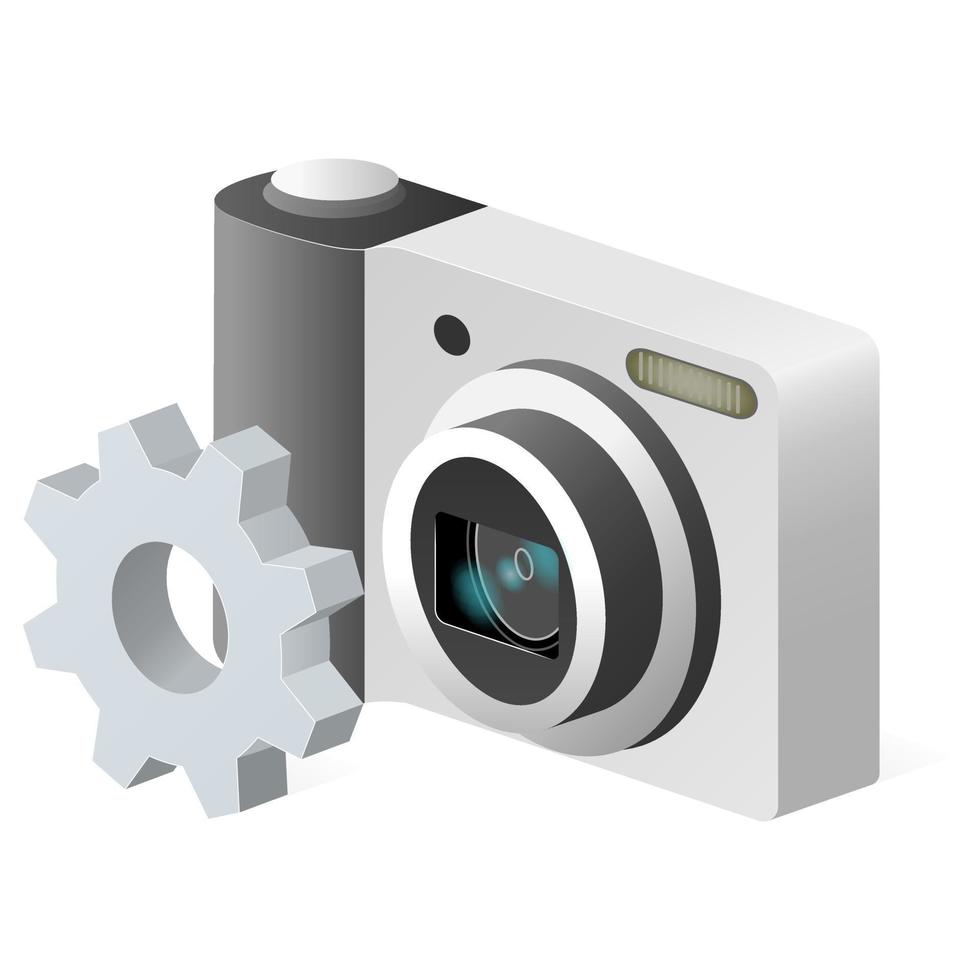 cámara de fotos con icono de configuración de icono de engranaje o instrucciones vector