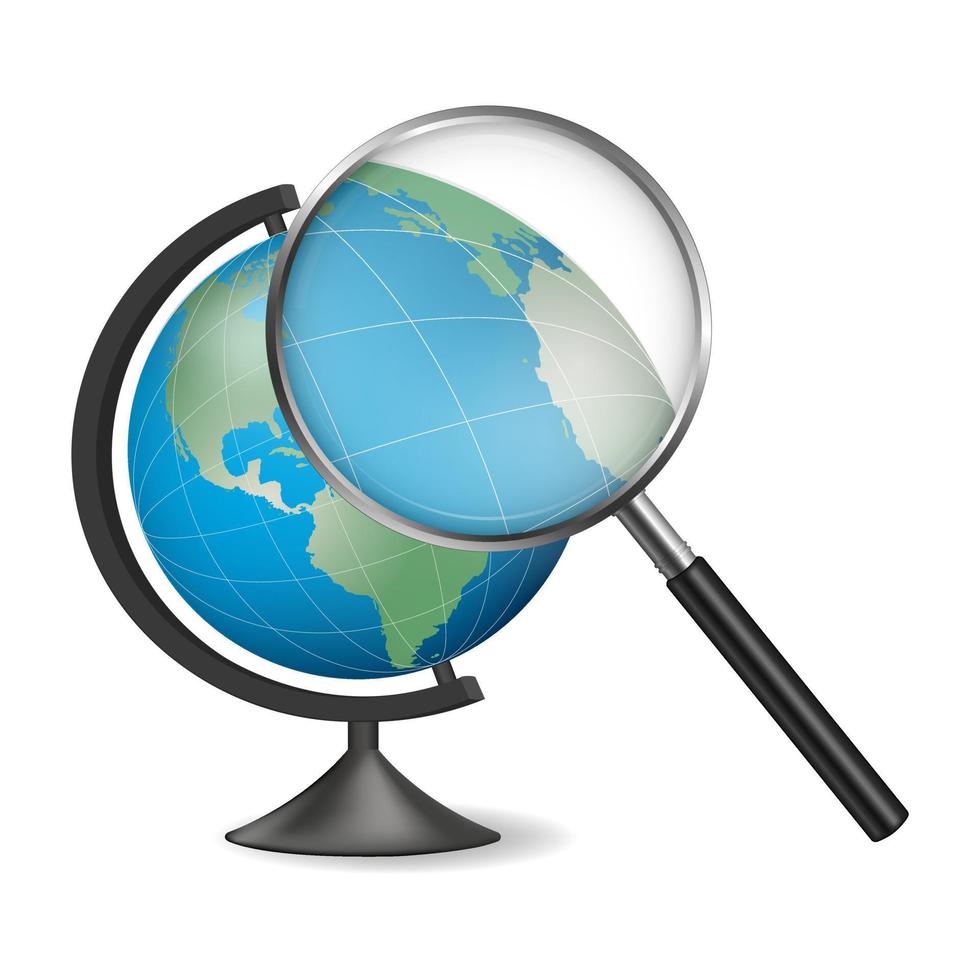 Realistic school globe model of Earth with magnifying glass vector