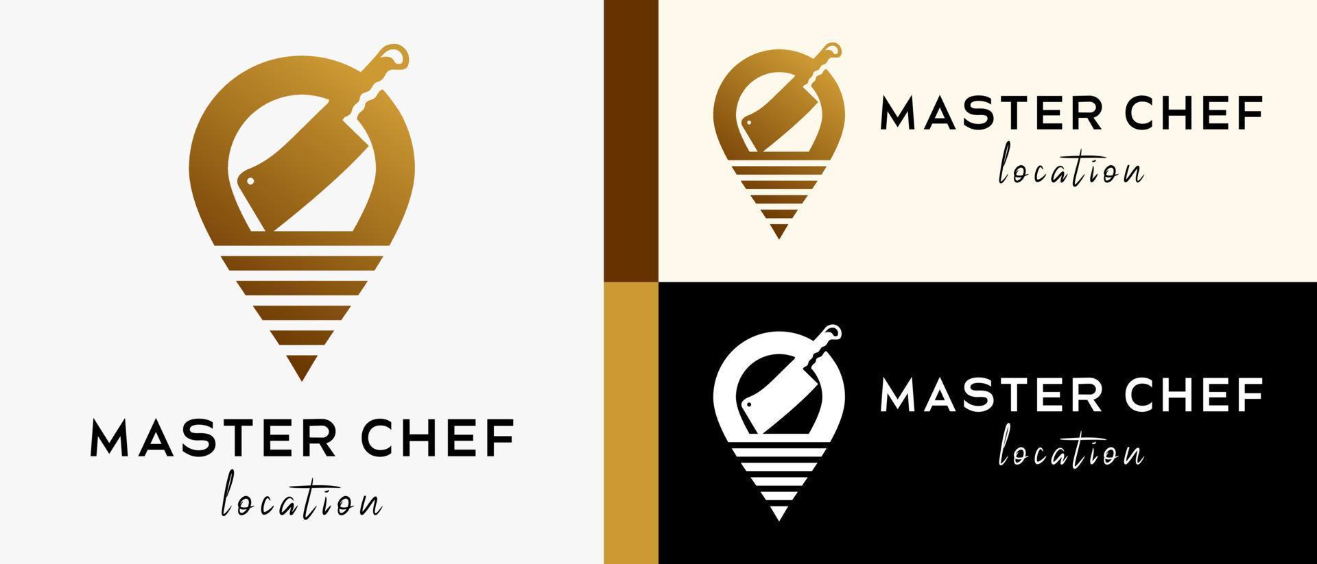 plantilla de diseño de logotipo de ubicación de restaurante con concepto creativo de silueta de cuchillo en icono de alfiler. ilustración de vector de icono de mapa o ubicación, vector premium