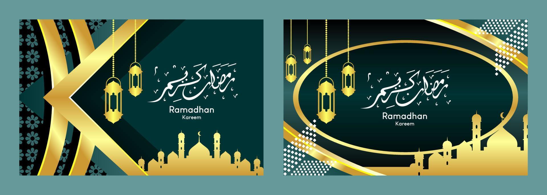 ramadan kareem greeting vector on a green background set