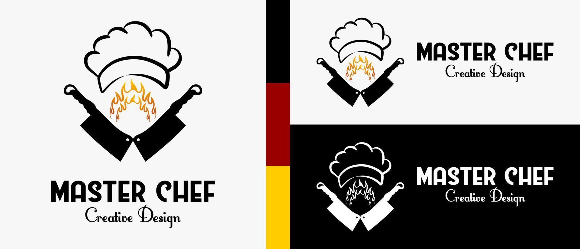 chef hat logo design template, fire icon and chef knife with silhouette in creative concept. premium vector logo illustration