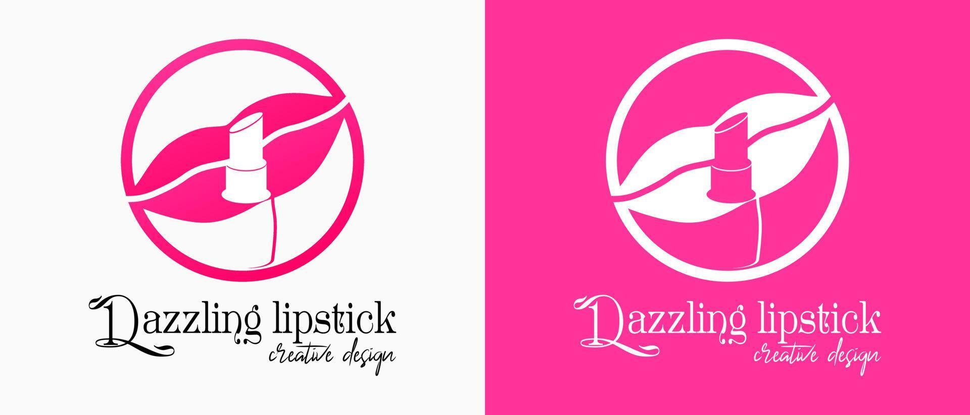 lipstick logo design with lips icon in a circle. premium vector makeup or lifestyle logo illustration