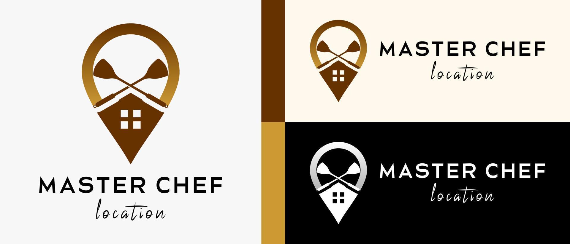 restaurant location logo design template with creative concept of frying utensil in pin icon. map or location icon vector illustration, premium vector