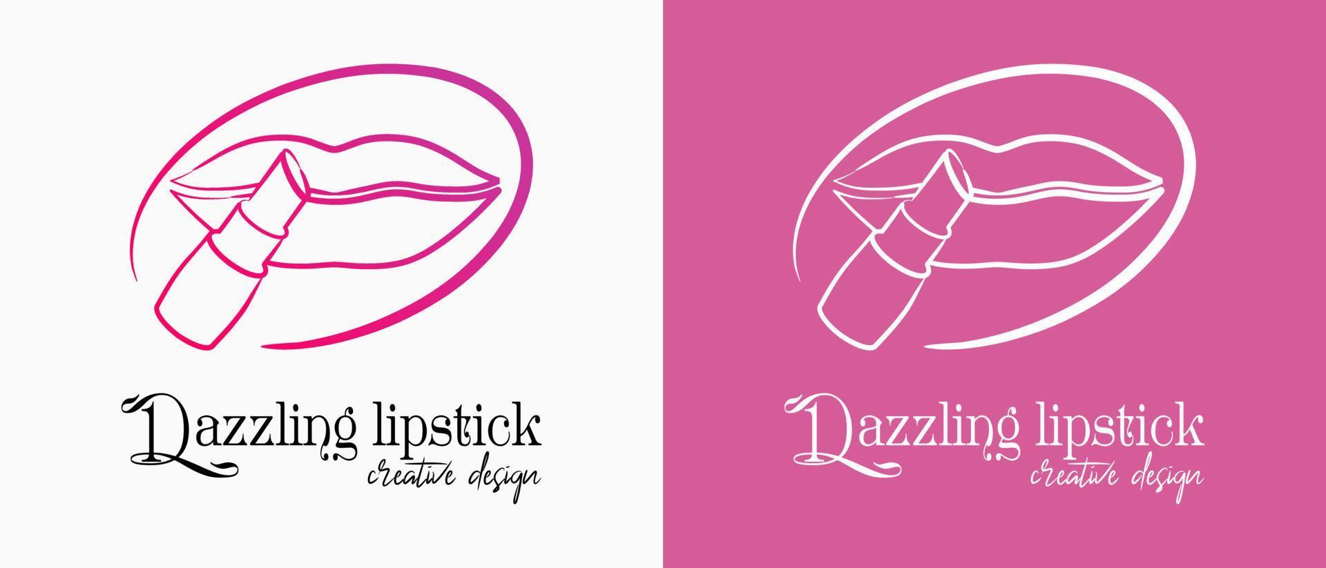 lipstick logo design with lips icon in line art concept. premium vector makeup or lifestyle logo illustration