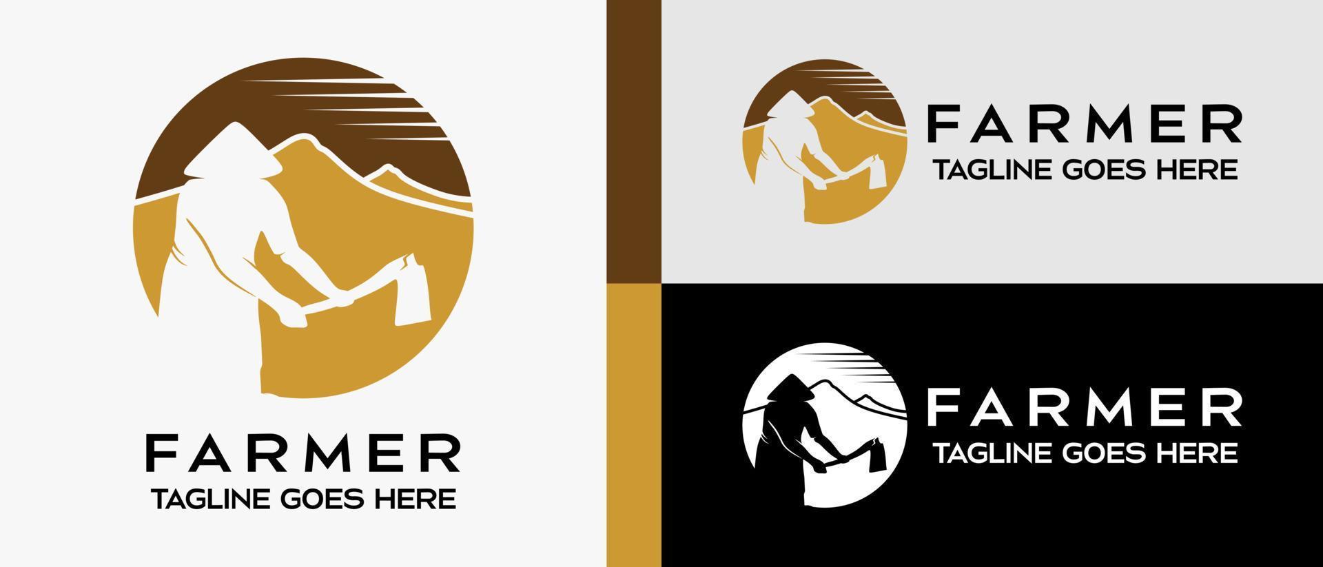 vintage logo design template, man hoeing and mountain icon with silhouette in circle. vector illustration