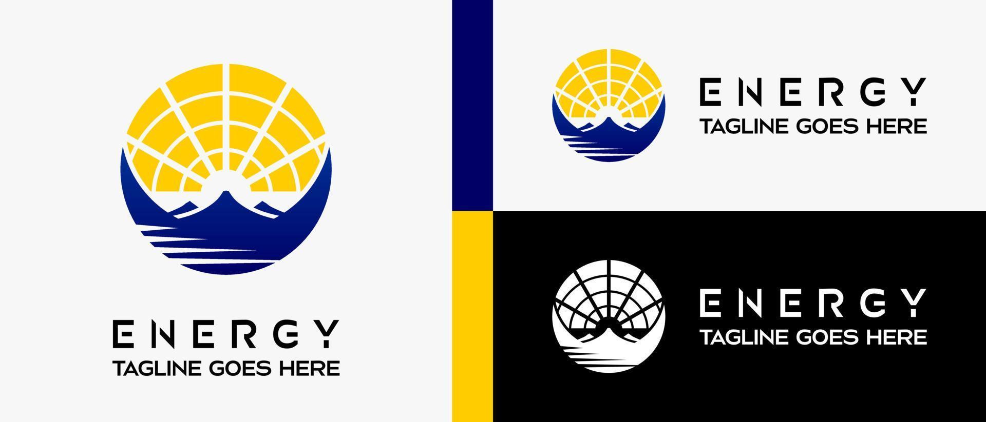 sun logo design template, mountain and sea icon in circle. vector abstract logo illustration