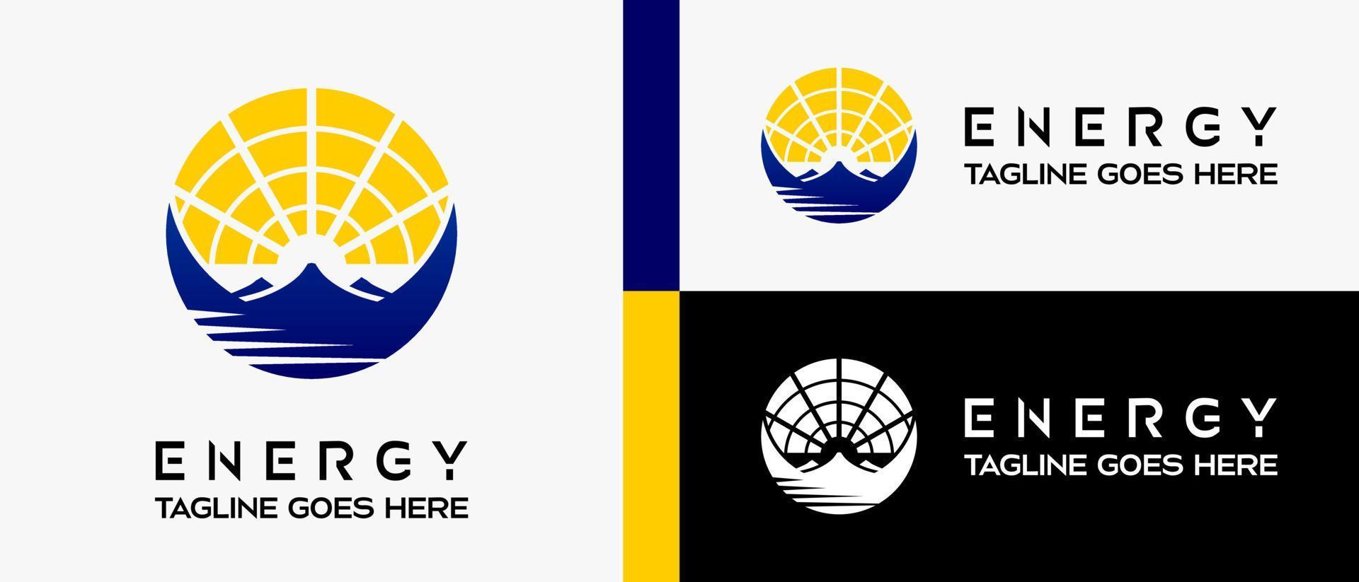 sun logo design template, mountain and sea icon in circle. vector abstract logo illustration
