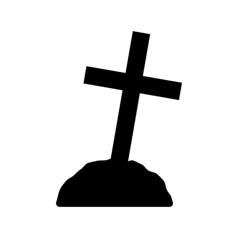 Lopsided black sinister cross on grave silhouette. Creepy symbol of cemetery and burials. Gloomy decoration of halloween holiday and dark necromancer vector rituals