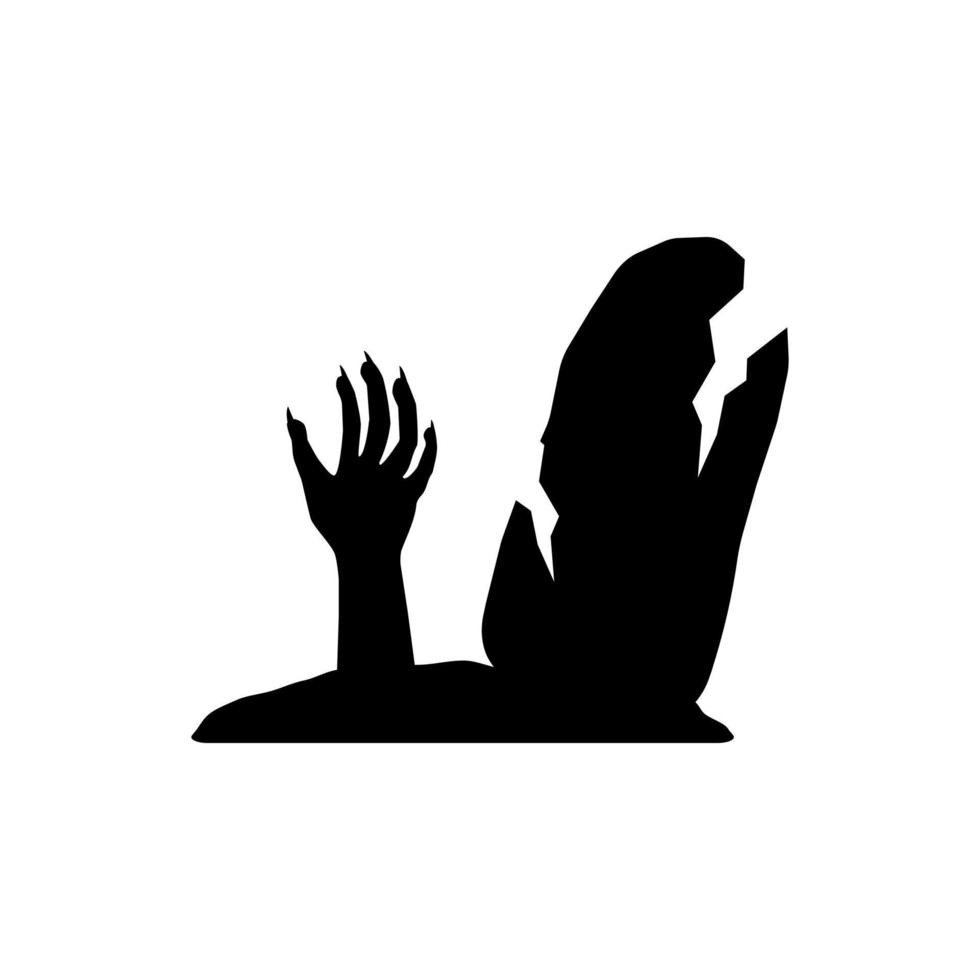 Black dead mans hand sticking out of grave silhouette. Creepy zombie with clawed fingers is selected from broken vector tombstone