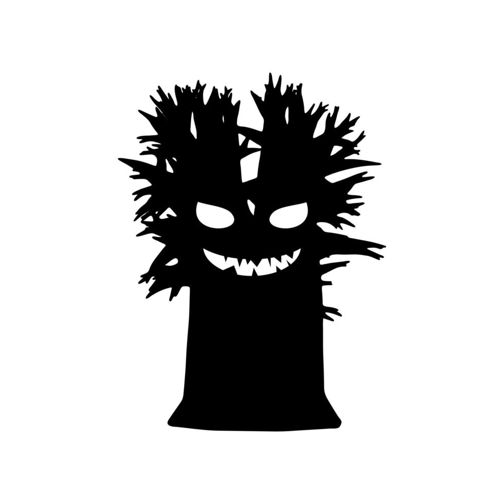 Spooky tree monster black silhouette. Terrible dead ent covered with rotten branches looks at victim with predatory smile. Creep design for halloween party and vector design