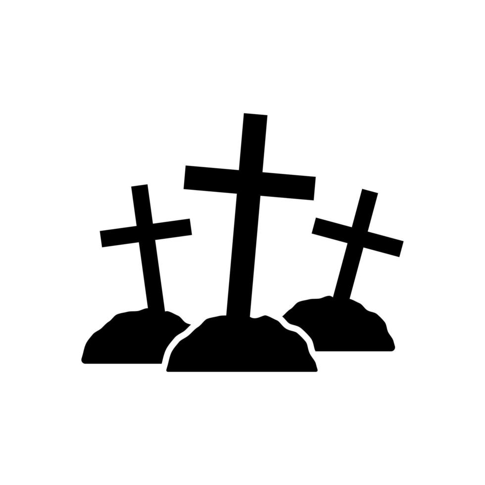 Black grave crosses on graves silhouette. Sinister and lopsided symbols of burial in old cemetery. Gloomy decoration of halloween holiday and dark necromancer vector rituals