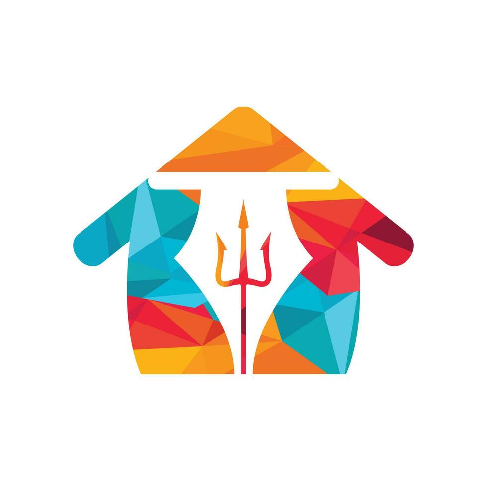 Pen trident vector logo design. Trident and nib with home icon illustration.