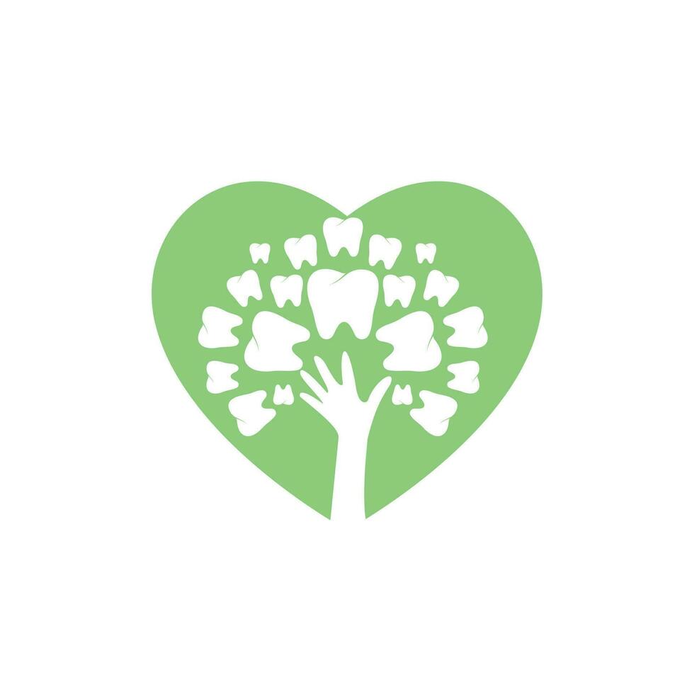 plantilla de logotipo de vector de cuidado dental. dientes y árbol de mano con diseño de icono de corazón.
