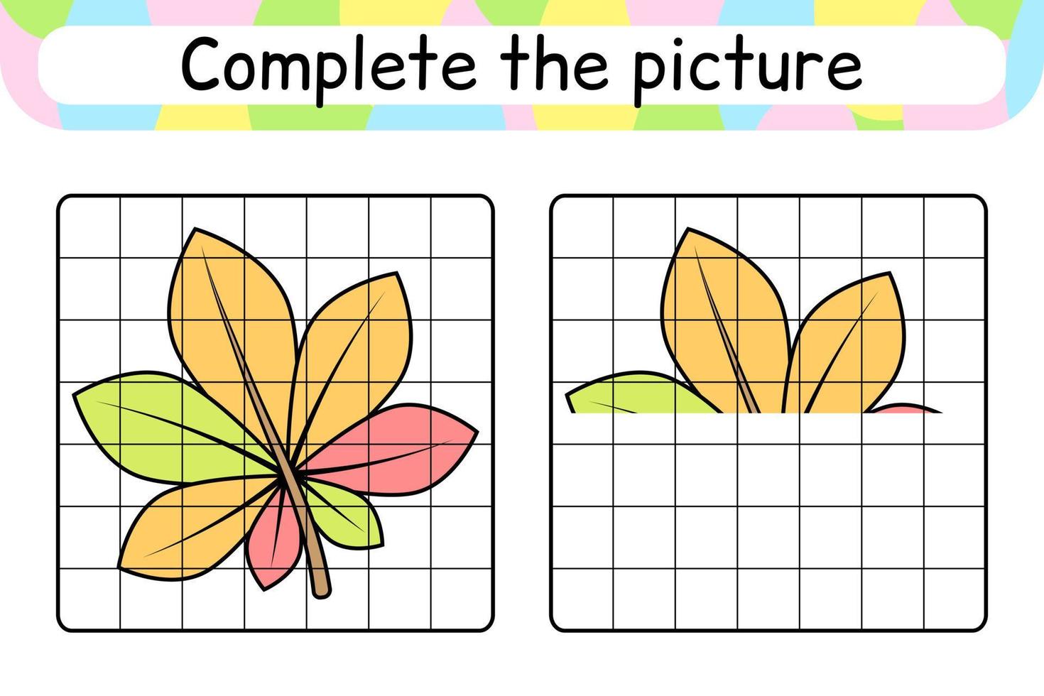 Complete the picture leaf chestnut. Copy the picture and color. Finish the image. Coloring book. Educational drawing exercise game for children vector