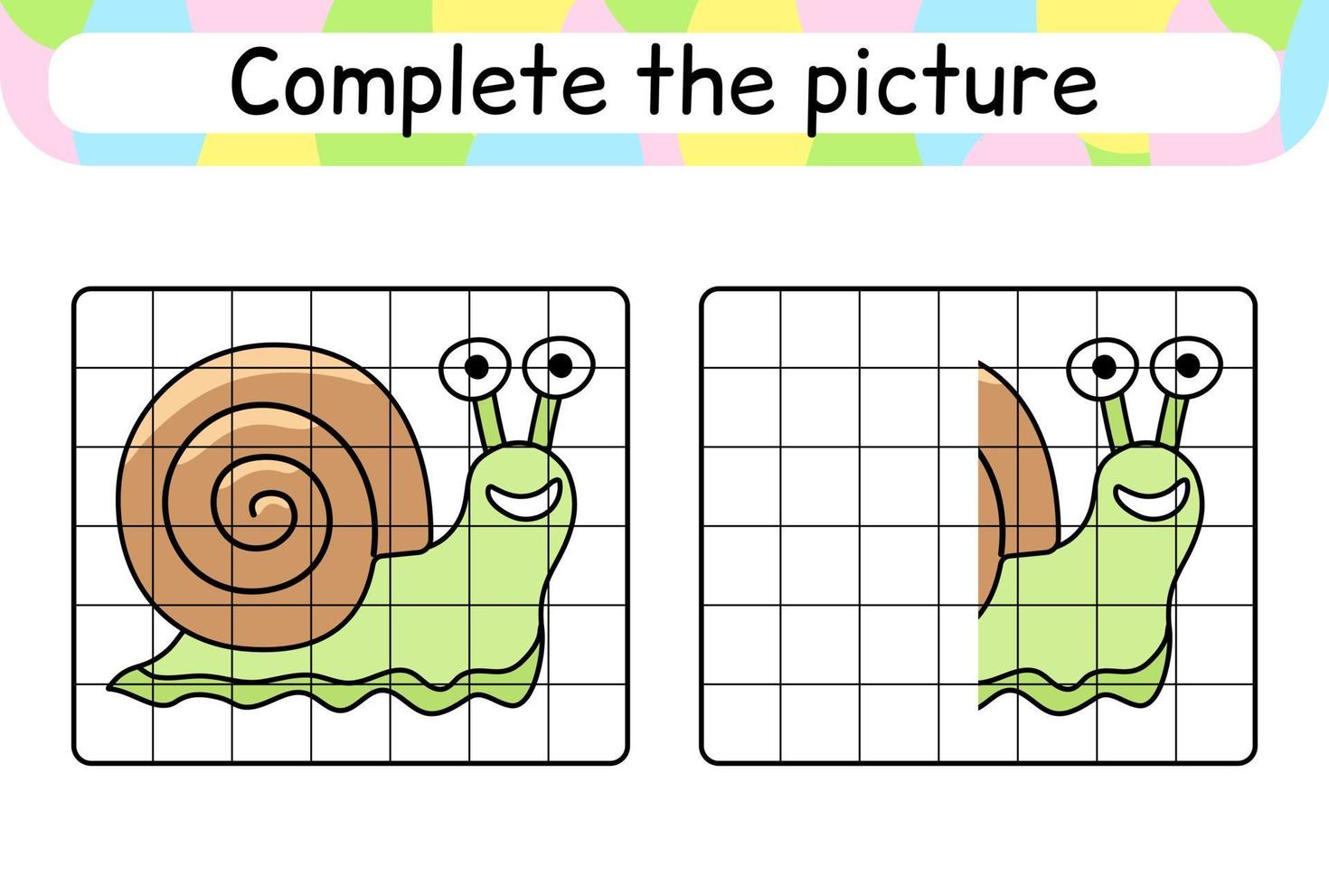 Complete the picture snail. Copy the picture and color. Finish the image. Coloring book. Educational drawing exercise game for children vector