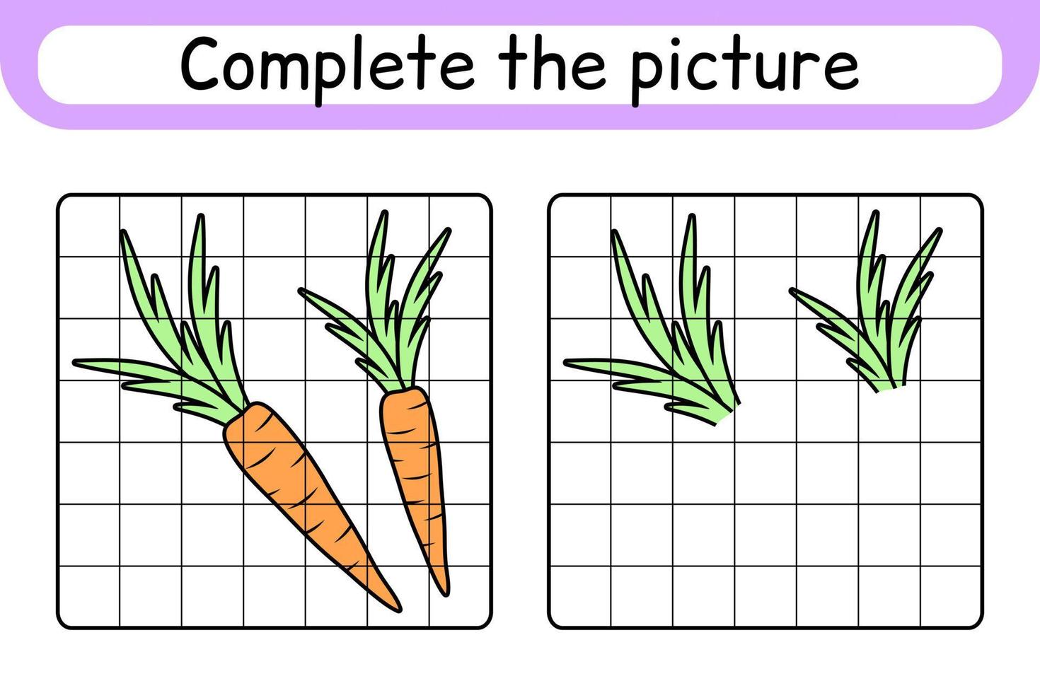 Complete the picture carrot. Copy the picture and color. Finish the image. Coloring book. Educational drawing exercise game for children vector