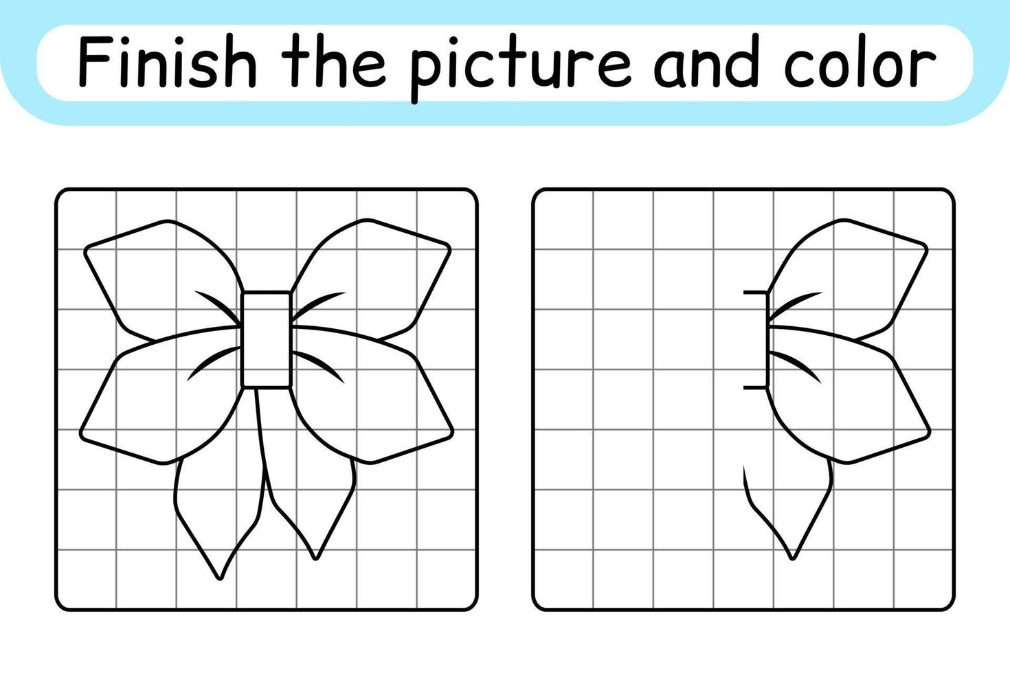 Complete the picture bow. Copy the picture and color. Finish the image. Coloring book. Educational drawing exercise game for children vector