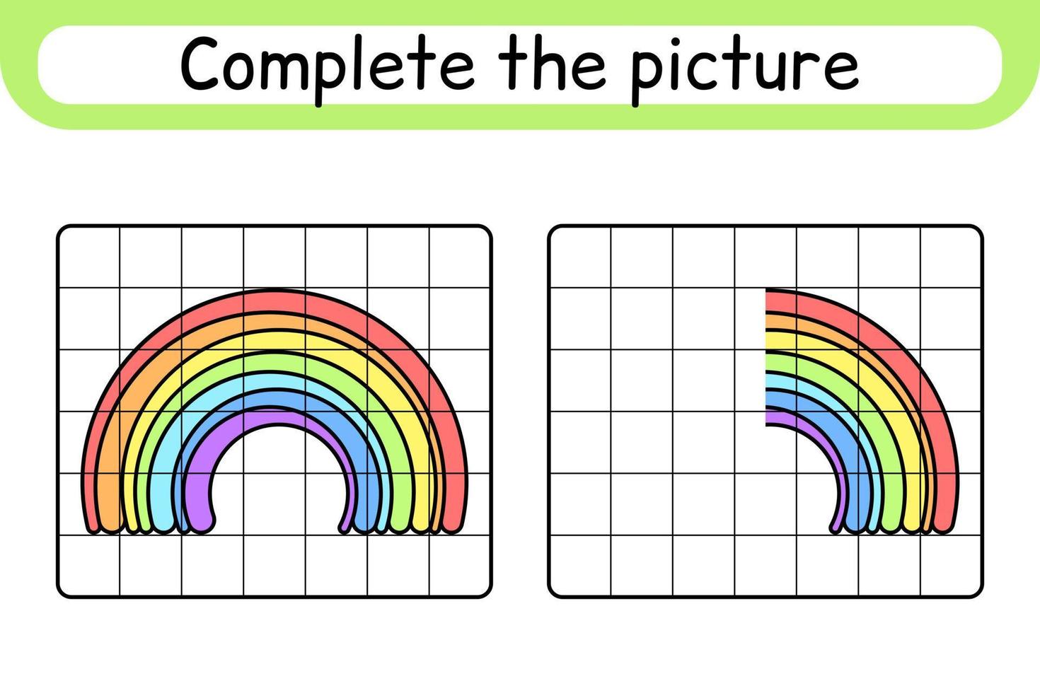 Complete the picture rainbow. Copy the picture and color. Finish the image. Coloring book. Educational drawing exercise game for children vector