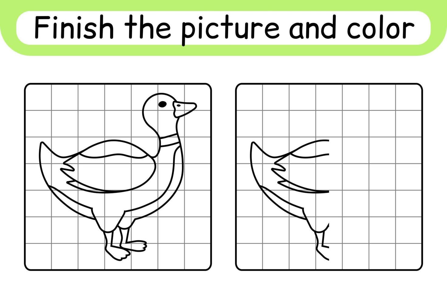 Complete the picture duck. Copy the picture and color. Finish the image. Coloring book. Educational drawing exercise game for children vector