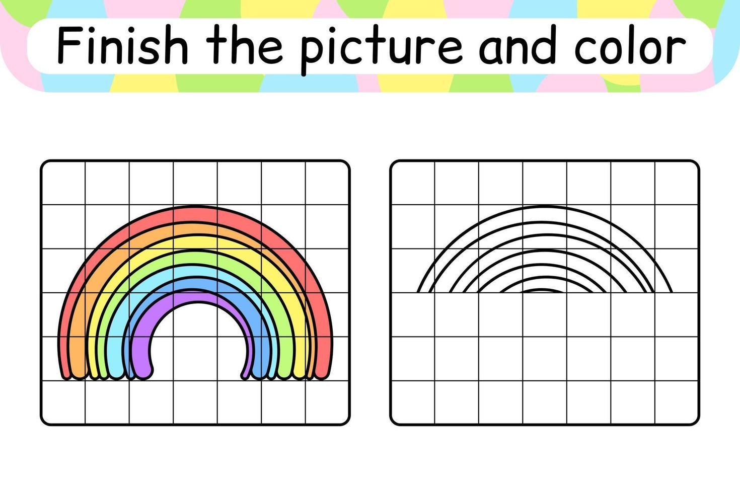 Complete the picture rainbow. Copy the picture and color. Finish the image. Coloring book. Educational drawing exercise game for children vector