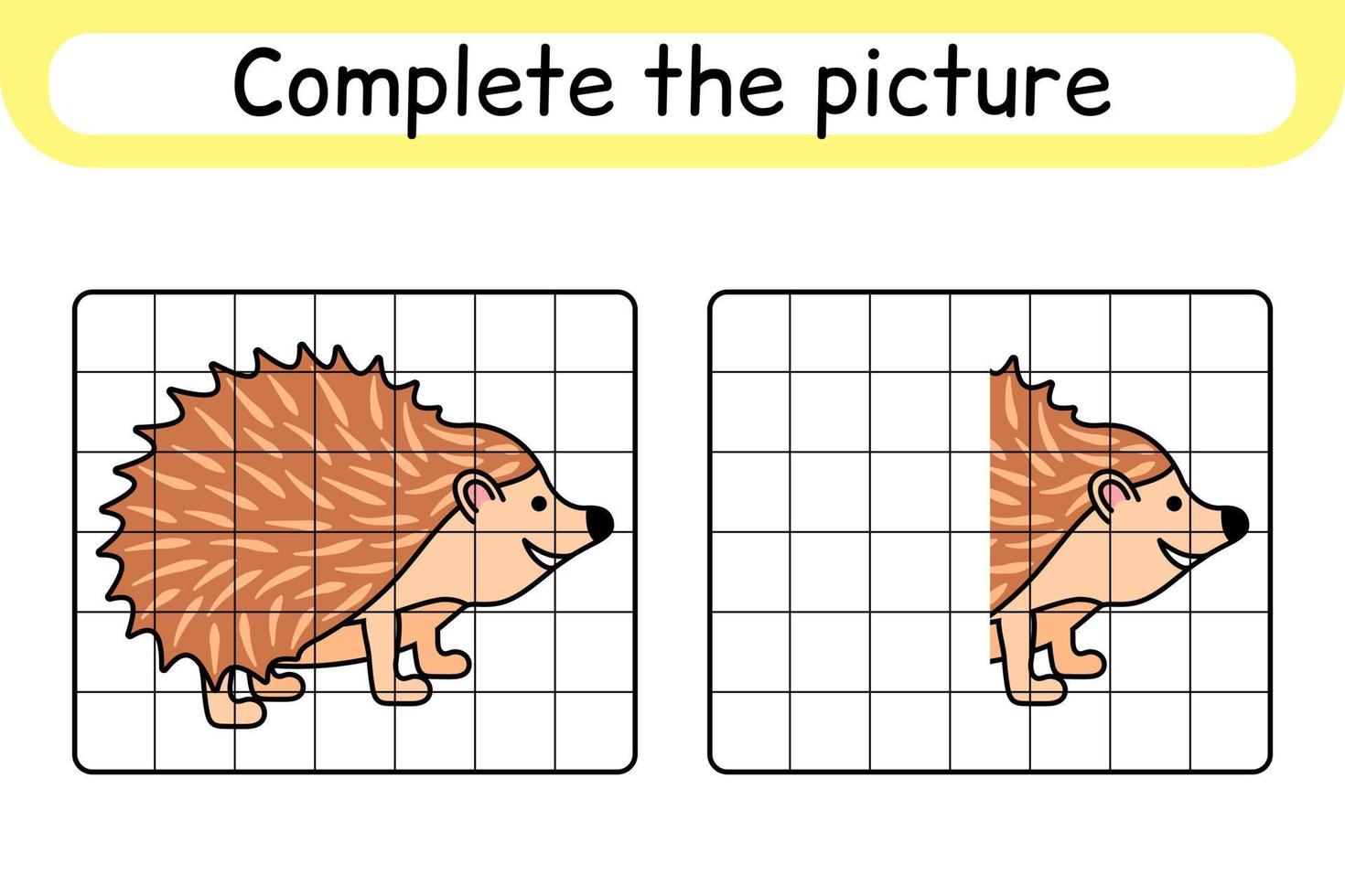 Complete the picture hedgehog. Copy the picture and color. Finish the image. Coloring book. Educational drawing exercise game for children vector