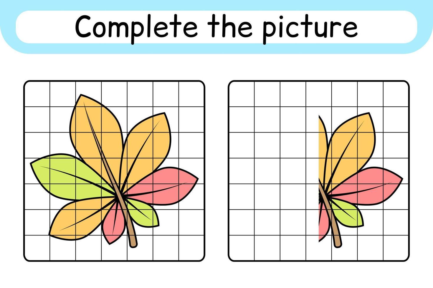 Complete the picture leaf chestnut. Copy the picture and color. Finish the image. Coloring book. Educational drawing exercise game for children vector