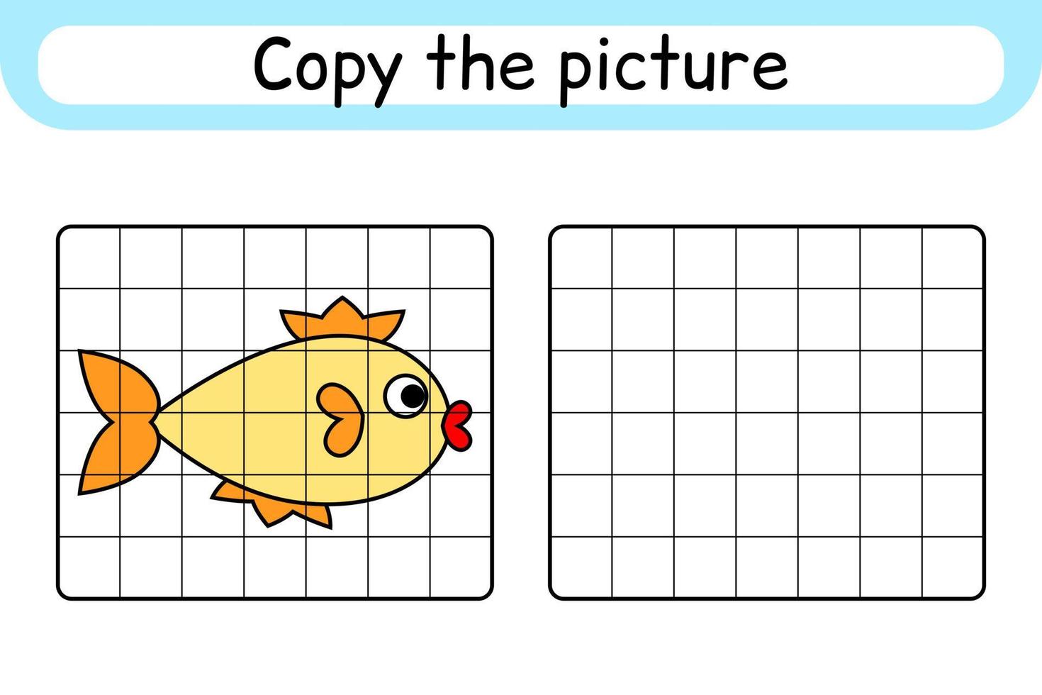 Copy the picture and color fish. Complete the picture. Finish the image. Coloring book. Educational drawing exercise game for children vector