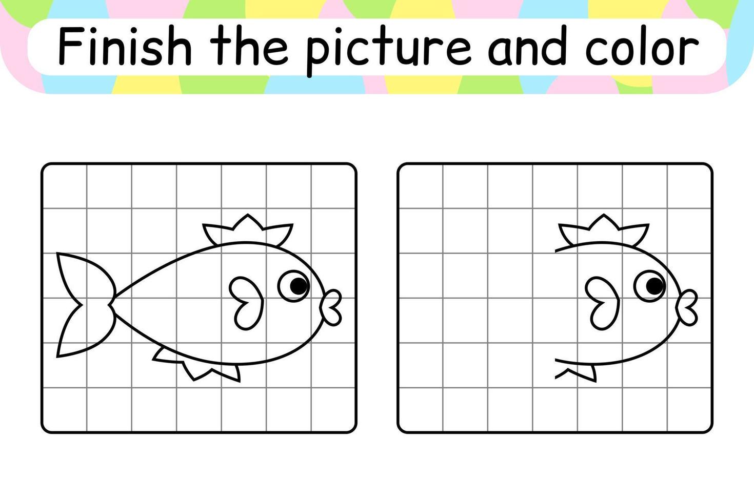 Complete the picture fish. Copy the picture and color. Finish the image. Coloring book. Educational drawing exercise game for children vector