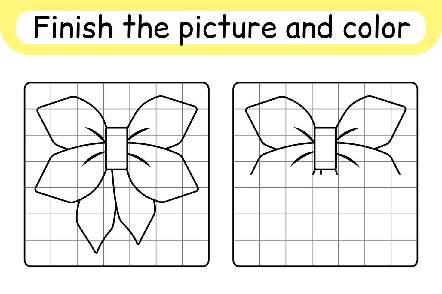 Complete the picture bow. Copy the picture and color. Finish the image. Coloring book. Educational drawing exercise game for children vector