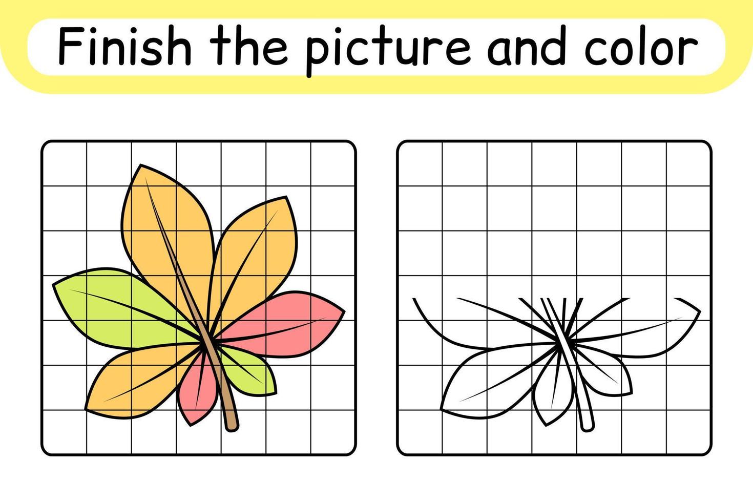 Complete the picture leaf chestnut. Copy the picture and color. Finish the image. Coloring book. Educational drawing exercise game for children vector