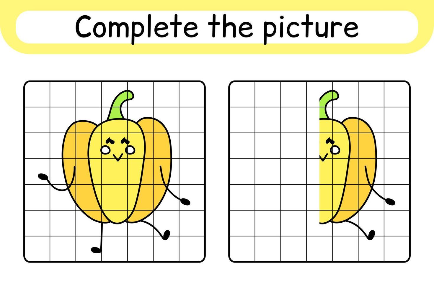 Complete the picture pepper. Copy the picture and color. Finish the image. Coloring book. Educational drawing exercise game for children vector